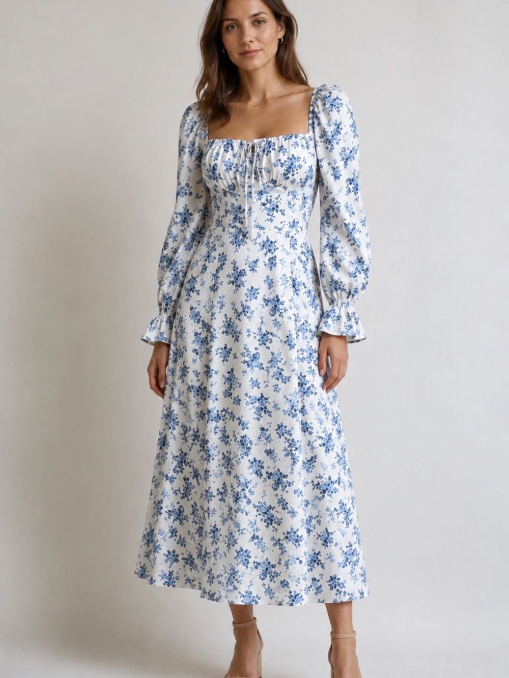 Blue Floral Cottagecore Midi Dress Puff Sleeve Milkmaid Style Size M